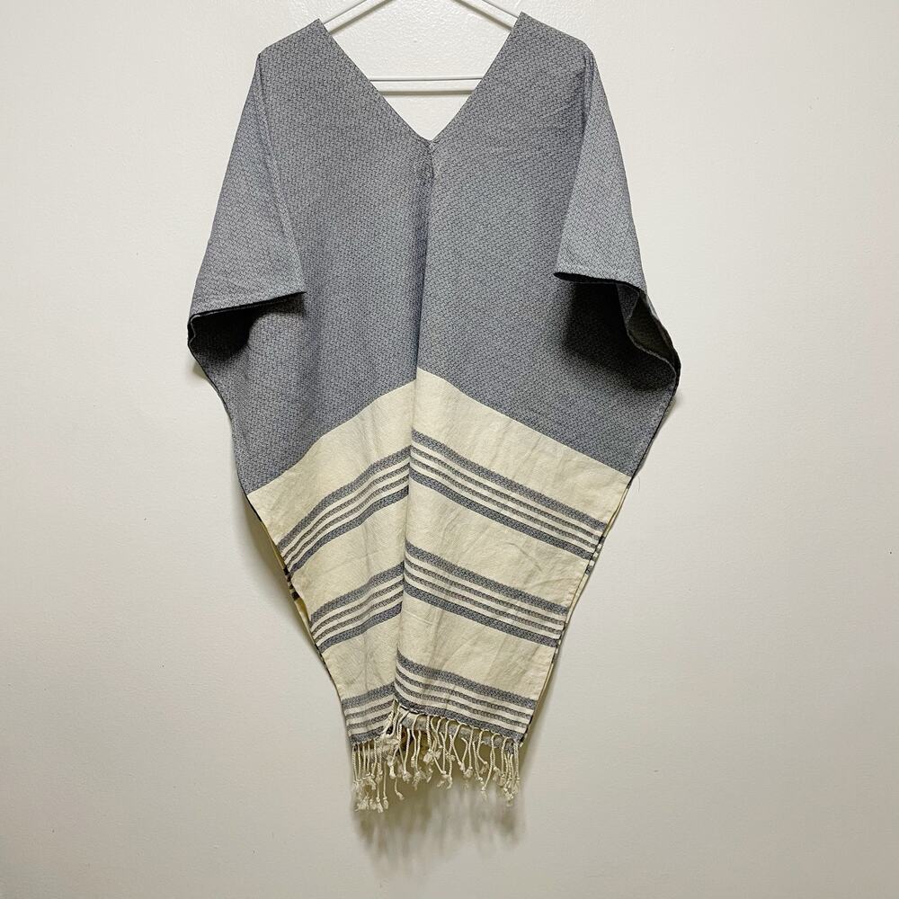 Tribe Alive Caftan Blue Cream Cotton Beach Coverup Poncho